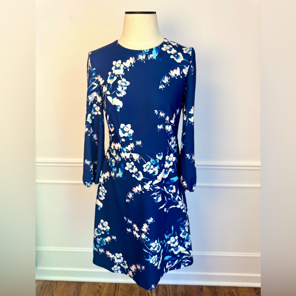 Eliza J floral-print scuba dress with bell sleeve detail, size 4
